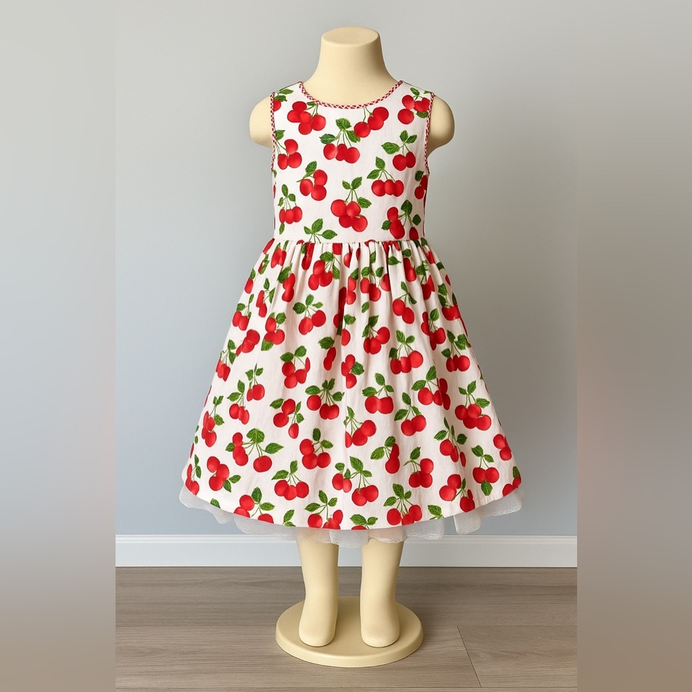 Polly & Friends Girls Cherry Print Party Dress Size 5 Tulle Lined